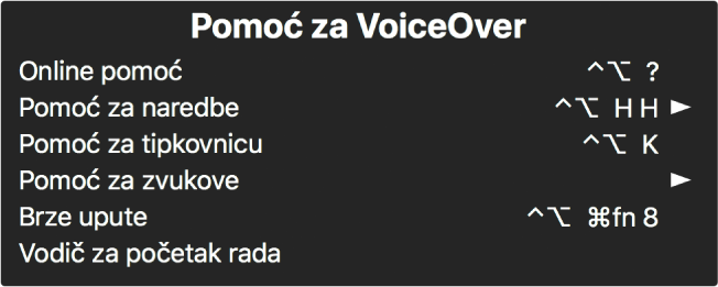 Izbornik Pomoć za VoiceOver je prozor koji odozgo nadolje navodi: Online pomoć, Pomoć za naredbe, Pomoć za tipkovnicu, Pomoć za zvukove, Upute za brzo pokretanje i Upute za početak rada. S desne strane svake stavke nalazi se VoiceOver naredba koja prikazuje stavku, ili strelica za pristup podizborniku.