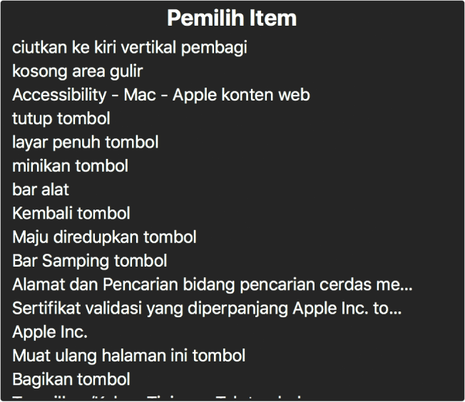 Pemilih Item adalah panel yang mencantumkan item seperti kosongkan area gulir, tombol tutup, bar alat, dan tombol Bagikan, di antaranya.