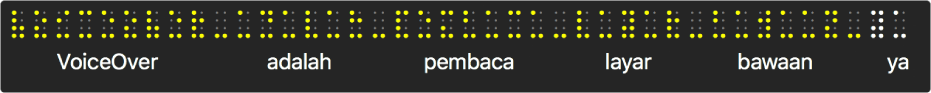 Panel braille menampilkan titik braille kuning yang disimulasi; teks di bawah titik menampilkan hal yang sedang diucapkan VoiceOver.