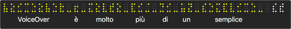 Il pannello Braille mostra i punti Braille gialli simulati; il testo sotto i punti mostra quello che VoiceOver sta leggendo ad alta voce.