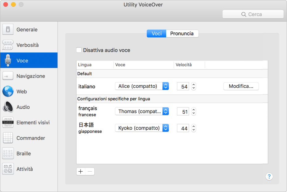Il pannello Voci di Utility VoiceOver, che mostra le impostazioni della voce per inglese, francese e giapponese.
