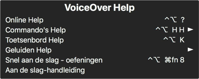 Het Help-menu van VoiceOver is een paneel waarop je van boven naar beneden ziet staan: 'Online Help', 'Commando's Help', 'Toetsenbord Help', 'Geluiden Help', 'Snel aan de slag - oefeningen', 'Aan de slag-handleiding'. Achter elk onderdeel staat het VoiceOver-commando waarmee je het onderdeel kunt weergeven of een pijl waarmee je een submenu kunt openen.