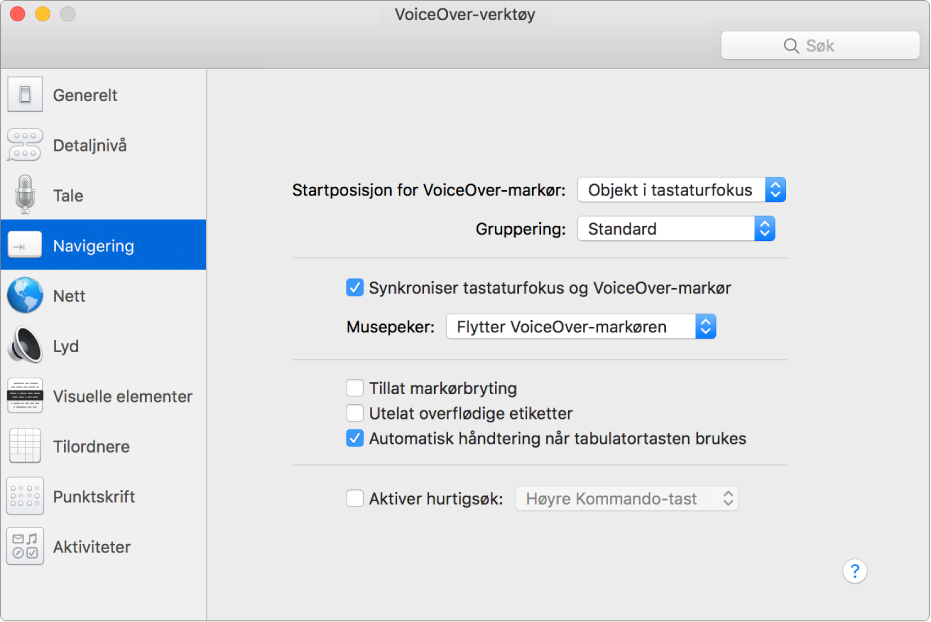 VoiceOver-verktøy-vinduet som viser Navigering-kategorien markert i sidepanelet til venstre og alternativene til høyre. Nederst i det høyre hjørnet i vinduet er en Hjelp-knapp som viser den elektroniske VoiceOver-hjelpen om valgene.