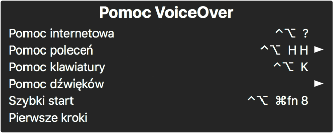 Menu pomocy VoiceOver to panel zawierający następujące pozycje, od góry do dołu: Pomoc internetowa, Pomoc poleceń, Pomoc klawiatury, Pomoc dźwięków, Szybki start oraz Pierwsze kroki. Po prawej stronie każdej pozycji widoczne jest polecenie VoiceOver używane do jej wyświetlania lub strzałka dająca dostęp do podmenu.