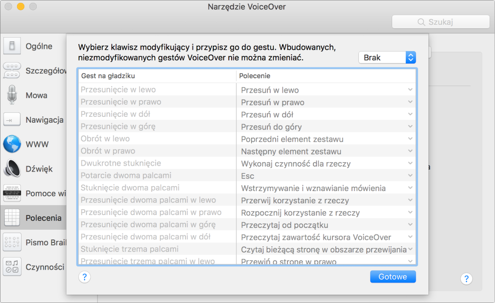 Lista gestów VoiceOver oraz przypisanych do nich poleceń, wyświetlana w panelu obsługi gładzikiem w oknie Narzędzia VoiceOver.