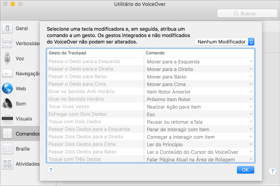 Lista de gestos e comandos correspondentes do VoiceOver mostrados no Comando do Trackpad no Utilitário do VoiceOver.