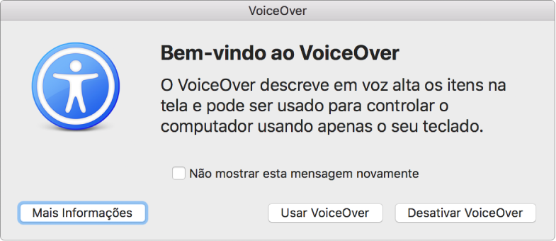 Diálogo Bem-vindo ao VoiceOver com os botões Mais Informações, Usar VoiceOver e Desativar VoiceOver ao longo da parte inferior.