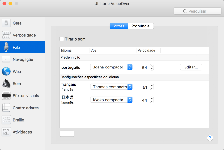 O painel de Vozes do Utilitário VoiceOver a mostrar as definições para os idiomas Inglês, Francês e Japonês.