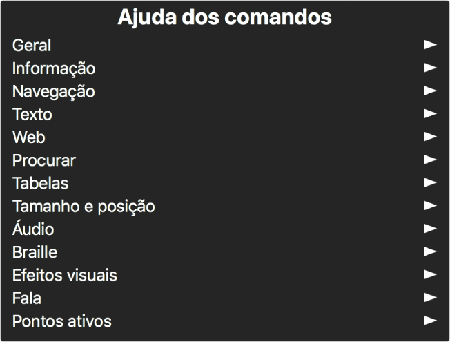 O menu “Ajuda dos comandos” é um painel que lista categorias de comando, que começa em Geral e termina nos Pontos ativos. À direita de cada elemento da lista encontra-se uma seta para aceder ao submenu do elemento.