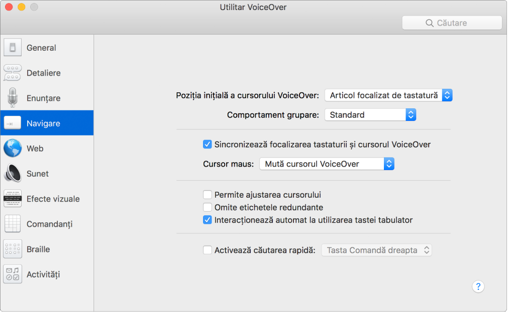 Fereastra Utilitar VoiceOver afișând categoria Navigare selectată în bara laterală din stânga și opțiunile sale în partea dreaptă. În colțul din dreapta jos al ferestrei apare un buton Ajutor pentru a afișa subiectul de ajutor online VoiceOver, care explică diferitele opțiuni.