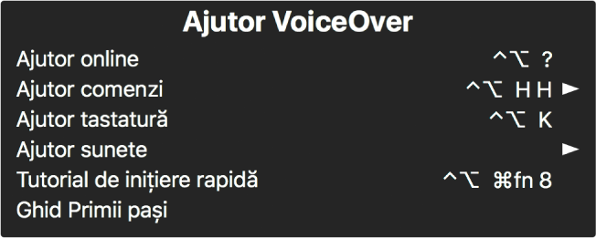 Meniul Ajutor VoiceOver este un panou care listează, de sus în jos: Ajutor online, Ajutor comenzi, Ajutor tastatură, Ajutor sunete, Tutorial de inițiere rapidă și Ghid Primii pași. În dreapta fiecărui articol apare comanda VoiceOver care afișează articolul sau o săgeată pentru accesarea unui submeniu.