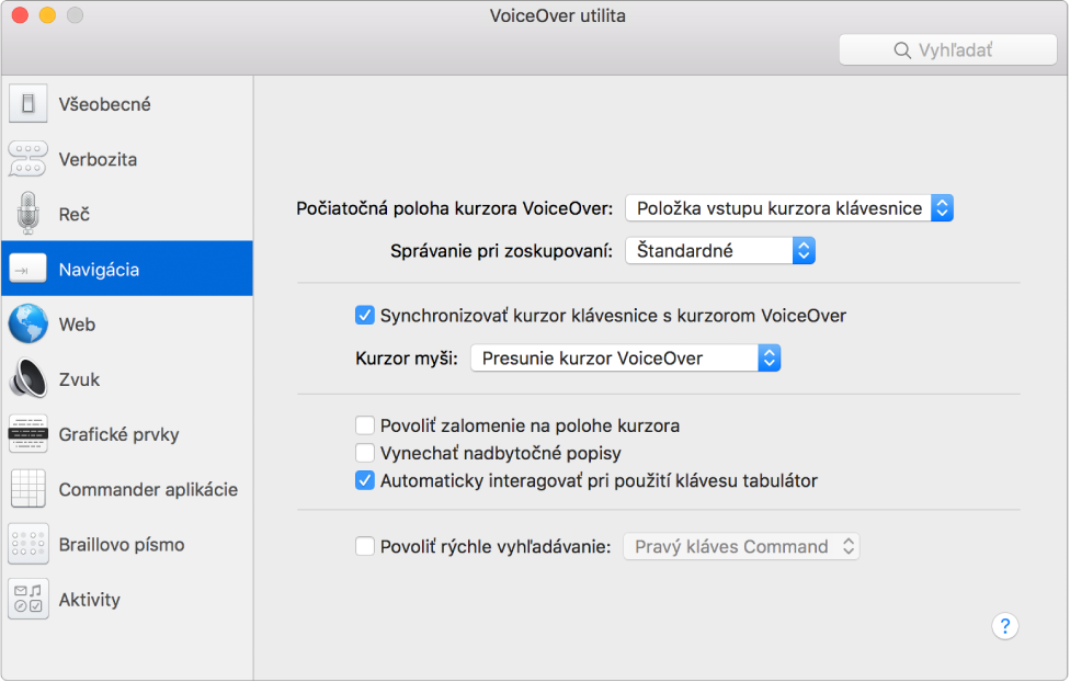 Okno utility VoiceOver zobrazujúce kategóriu Navigácia, ktorá je vybraná na postrannom paneli na ľavej strane a príslušné možnosti na pravej strane. V pravom dolnom rohu okna sa nachádza tlačidlo Pomocník na zobrazenie online pomocníka pre VoiceOver s vysvetlením jednotlivých možností.