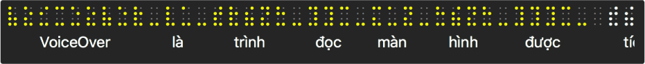 Bảng braille hiển thị dấu chấm braille màu vàng được mô phỏng; văn bản bên dưới dấu chấm hiển thị những gì VoiceOver đang đọc.