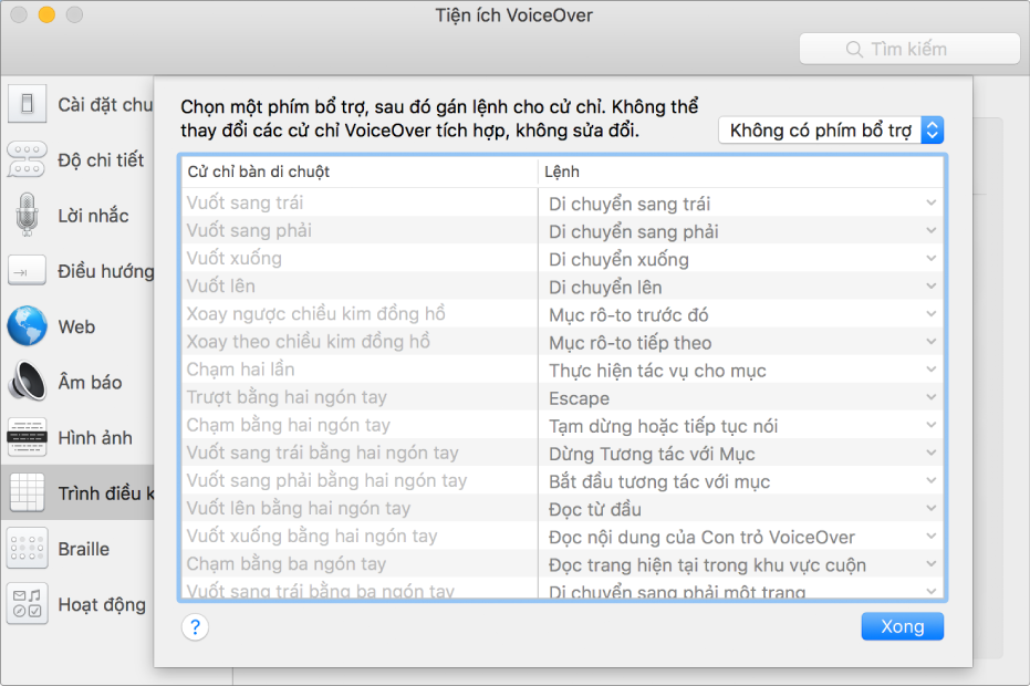 Danh sách các cử chỉ VoiceOver và các lệnh tương ứng được hiển thị trong Trình điều khiển bàn di chuột trong Tiện ích VoiceOver.