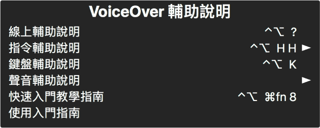 「VoiceOver 輔助說明」選單是一個面板，會從上到下列出以下項目：「線上輔助說明」、「指令輔助說明」、「鍵盤輔助說明」、「聲音輔助說明」、「快速入門教學指南」和「使用入門指南」。每一個項目的右側是您用來顯示該項目的 VoiceOver 指令，或是取用子選單的箭頭。