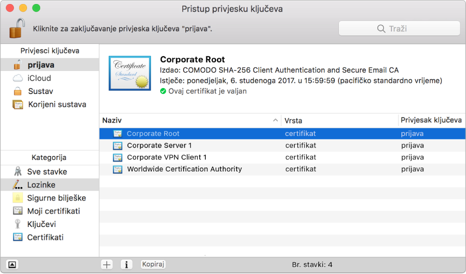 Prozor aplikacije Pristup privjesku ključeva koji prikazuje certifikate.
