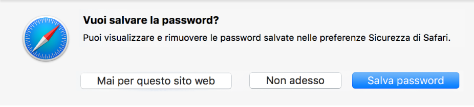 Finestra di dialogo che chiede conferma all’utente prima di salvare una password.