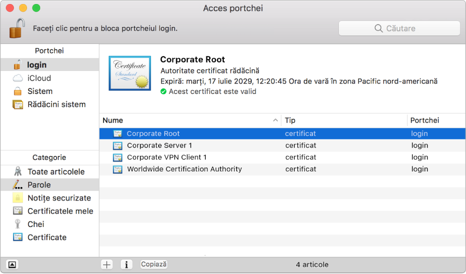 Fereastra Acces portchei afișând certificate.