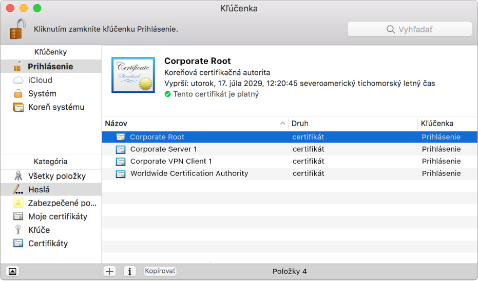 Okno aplikácie Kľúčenka zobrazujúce certifikáty.