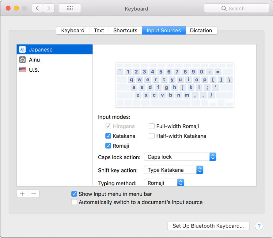 The Input Sources pane of Keyboard System Preferences showing the Japanese input methods.