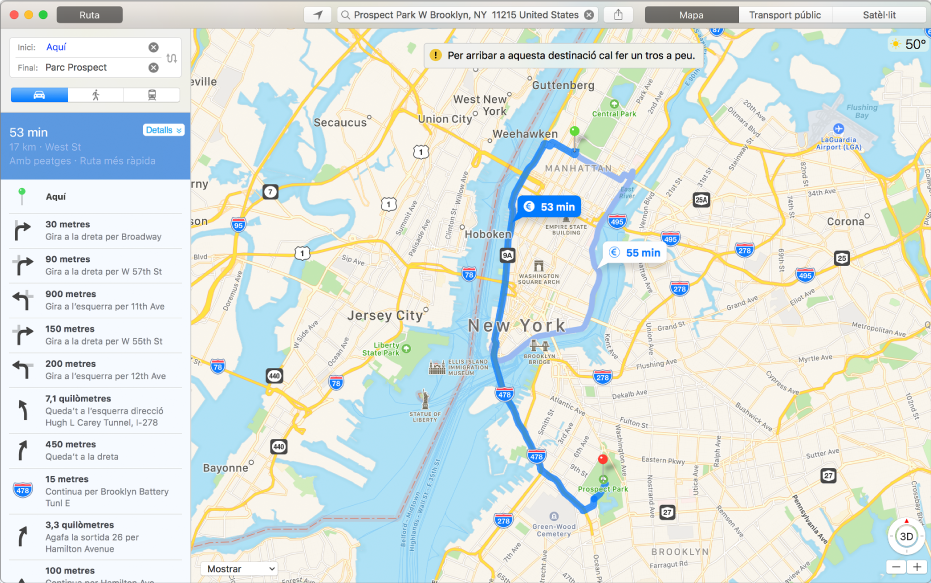 Finestra de l’app Mapes que mostra les indicacions fins a una destinació.