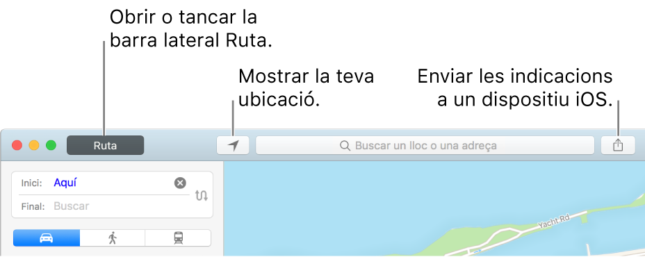 Finestra de l’app Mapes amb els botons Ruta, “Posició actual” i Compartir de la barra d’eines
