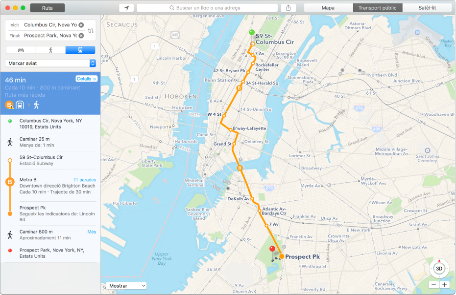 Finestra de l’app Mapes que mostra una ruta fins a la destinació i la durada estimada del trajecte.