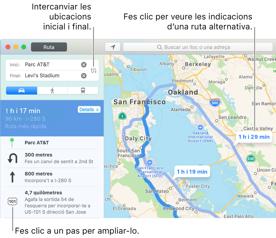 Fes clic en un pas de les indicacions de trajecte, a l’esquerra, per ampliar-lo, o bé fes clic en una ruta alternativa del mapa, a la dreta