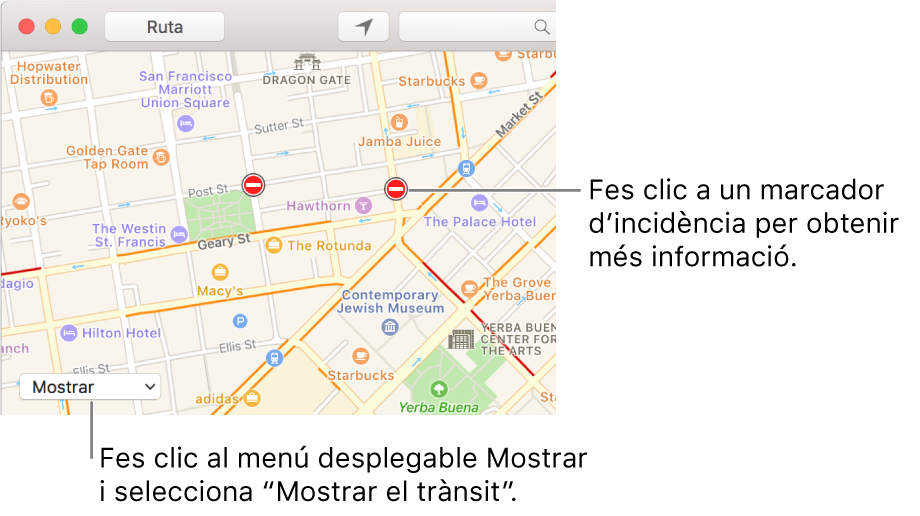 Fes clic al menú desplegable Mostrar i selecciona “Mostrar el trànsit” per veure l‘estat actual de les carreteres