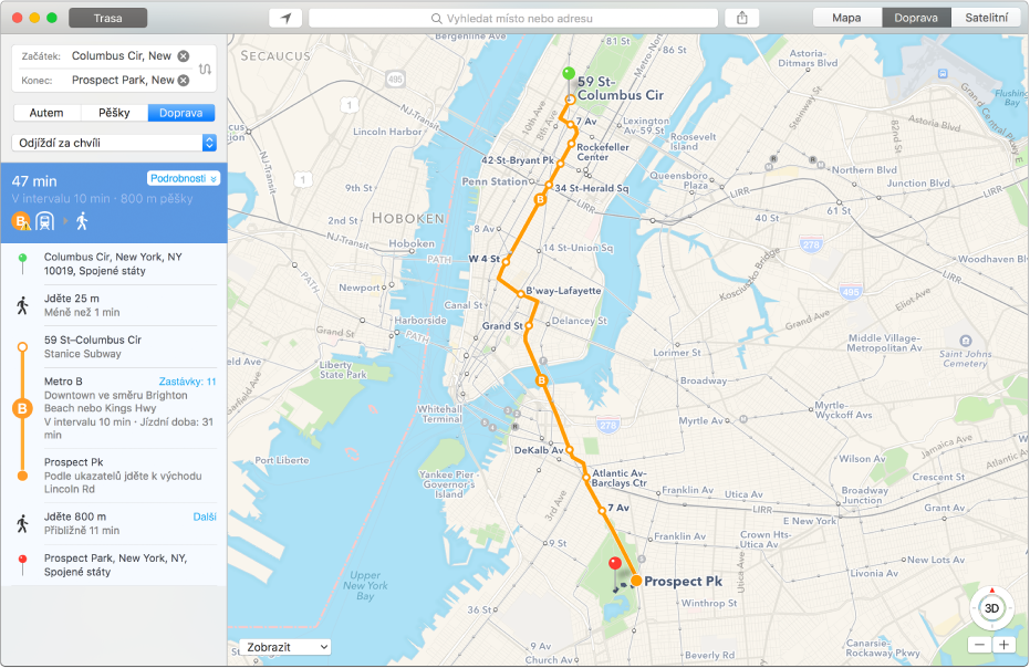Okno aplikace Mapy se zobrazenou trasou do cílového místa a odhadovanou dobou cesty