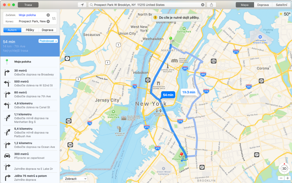 Okno aplikace Mapy s pokyny ohledně trasy do určitého cíle