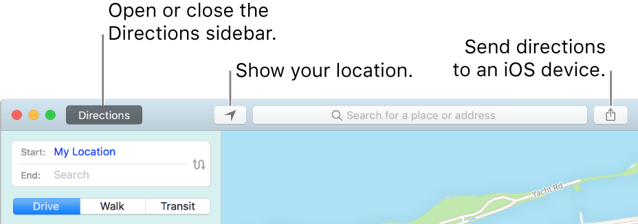 Maps window showing Directions, Current Position, and Share buttons in the toolbar