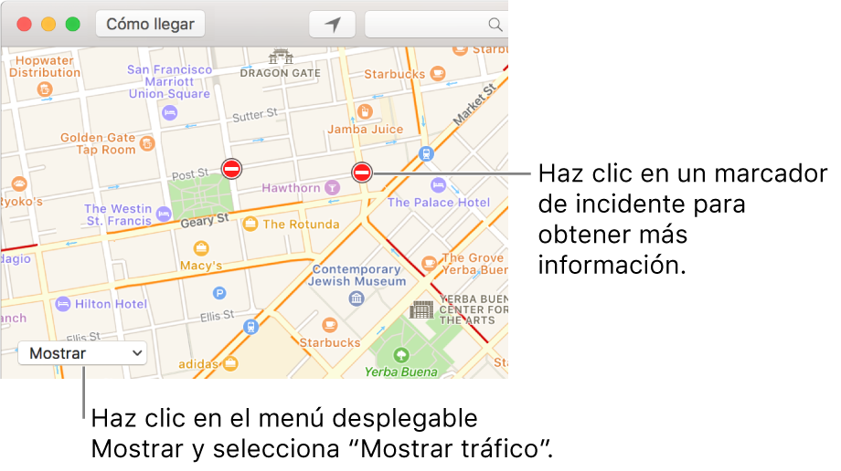 Haz clic en el menú desplegable Mostrar y selecciona “Mostrar tráfico” para ver las condiciones actuales del tráfico