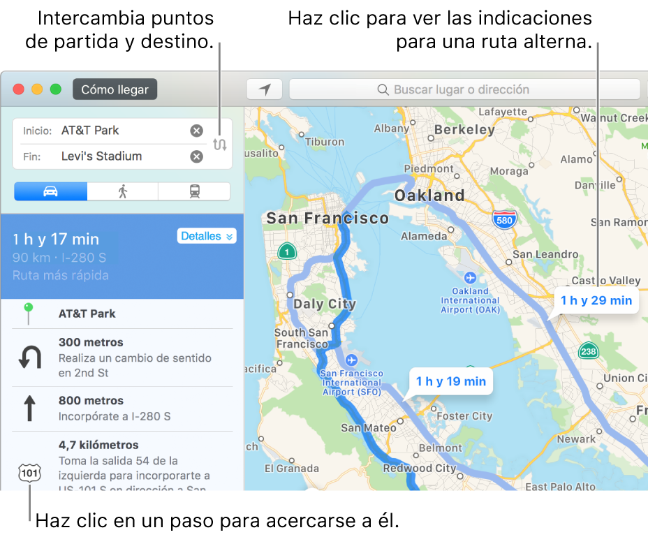 Haz clic en un paso en las rutas de la izquierda para acercarte o en una ruta alternativa en el mapa de la derecha