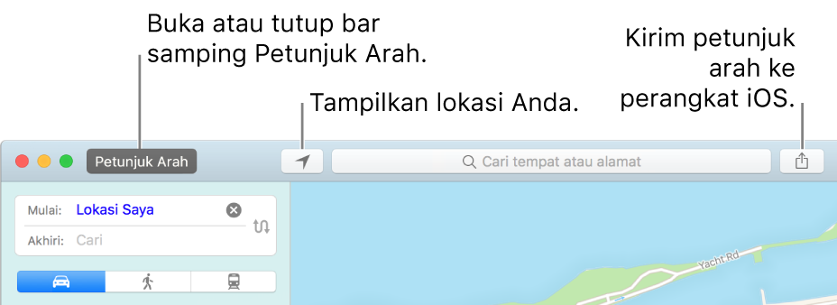 Jendela Peta menampilkan Petunjuk Arah, Posisi Saat Ini, dan tombol Bagikan pada bar alat