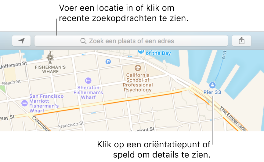 Typ een locatie in het zoekveld of klik op het veld om recente zoekacties te tonen. Klik op een oriëntatiepunt of speld om details te bekijken.