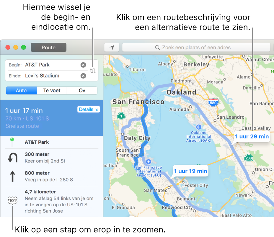 Klik op een stap in de routebeschrijving links om daarop in te zoomen, of klik op een alternatieve route op de kaart rechts