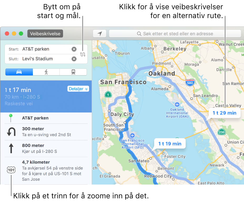Klikk på et trinn i veibeskrivelsen til venstre for å zoome inn, eller klikk på en alternativ rute på kartet til høyre