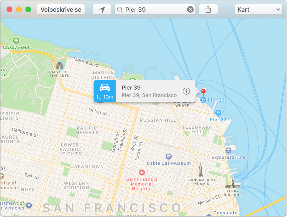 Infovinduet for en nål på kartet, som viser stedets adresse og anslått reisetid fra din plassering.