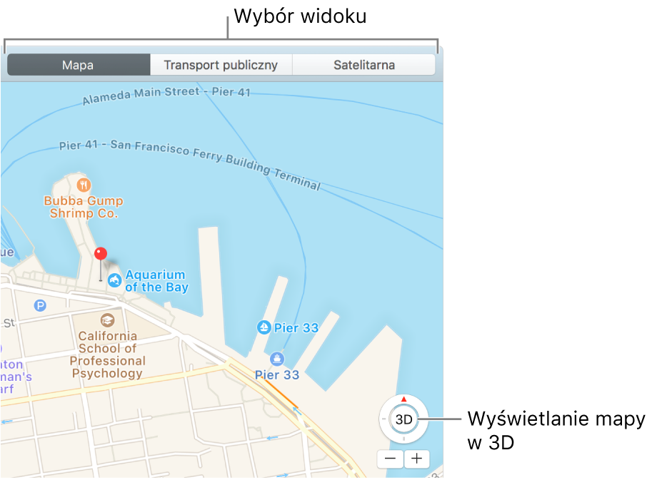Kliknij w Mapa lub Satelitarna na pasku narzędzi, aby zmienić widok. Aby wyświetlić mapę w trybie 3D, kliknij w przycisk na dole okna.