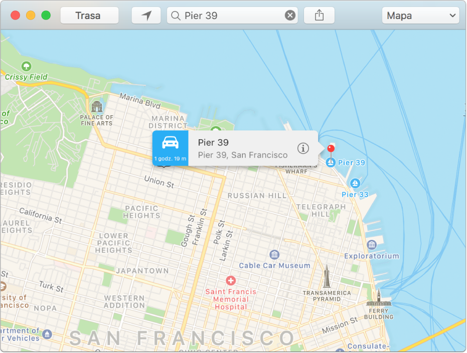Okno informacji o pinezce na mapie, zawierające adres danego miejsca oraz szacowany czas podróży z Twojej bieżącej lokalizacji.