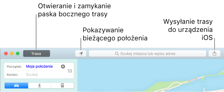 Okno aplikacji Mapy z trasą oraz przyciskami bieżącego położenia i udostępniania na pasku narzędzi