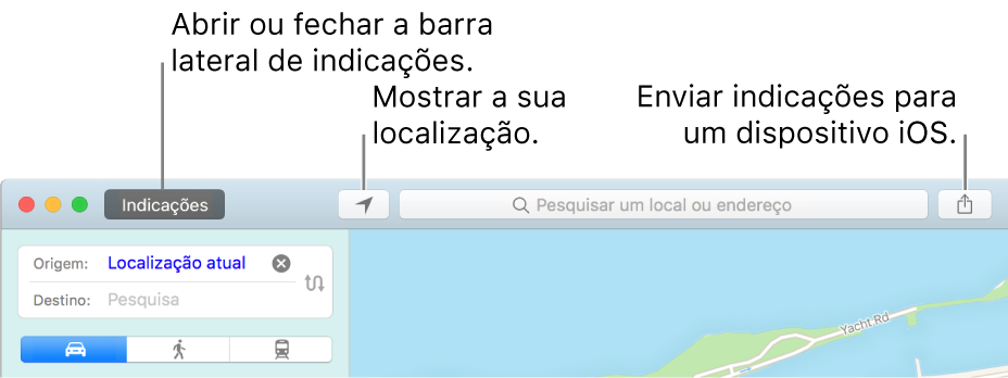 A janela Mapas a mostrar os botões Indicações, “Posição atual” e Partilhar na barra lateral