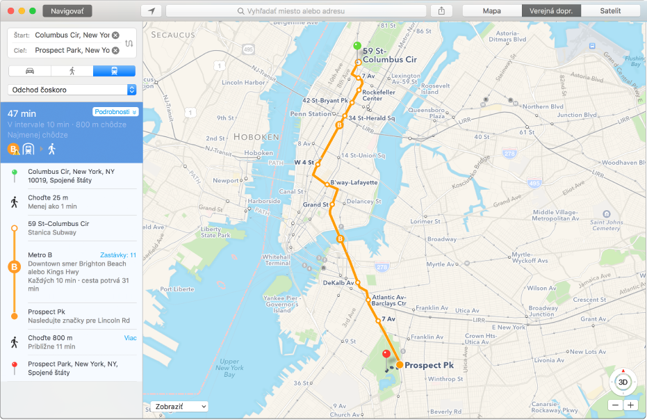 Okno aplikácie Mapy zobrazujúce dopravnú trasu do cieľa a odhadovaný čas cesty.