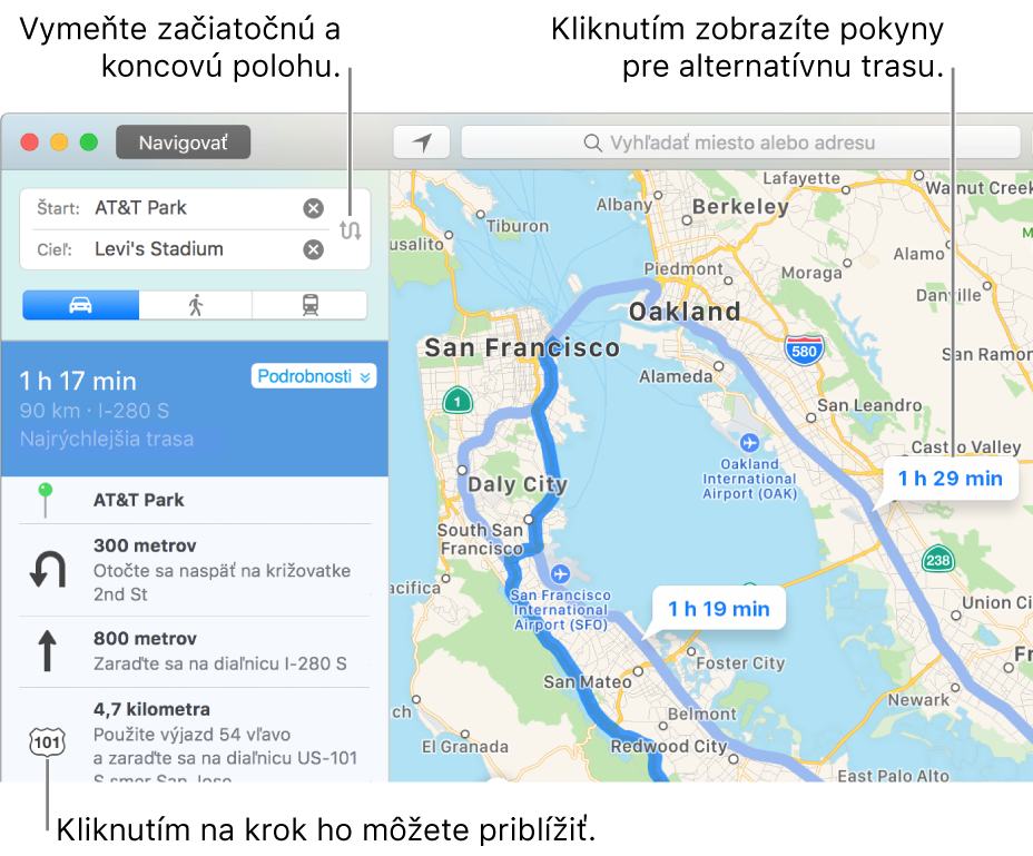Priblíženie kliknutím na krok v navigačných pokynoch naľavo alebo kliknutie na alternatívnu trasu na mape vpravo