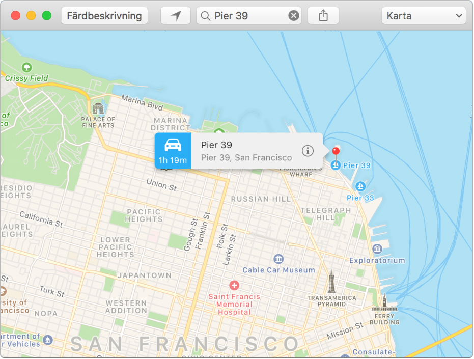 Informationsfönstret för en kartnål på kartan som visar adressen för en plats och ungefärlig restid från din plats.
