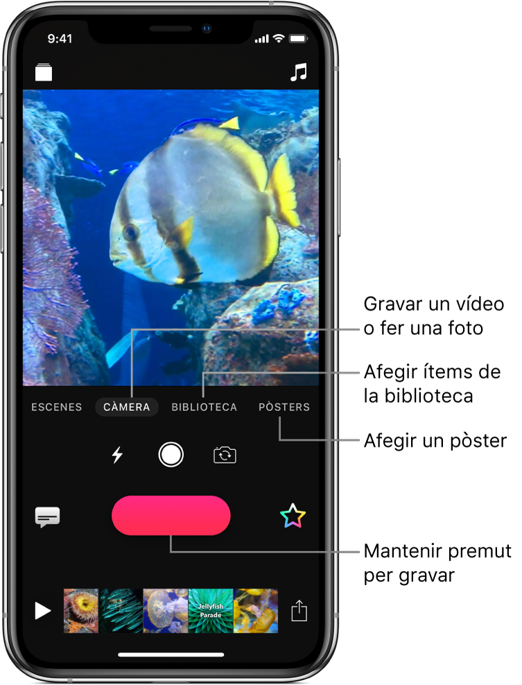 Una imatge de vídeo al visor, amb els botons Escenes, Càmera, Biblioteca, Pòsters, “Títols superposats”, Gravar, i Efectes a sota.