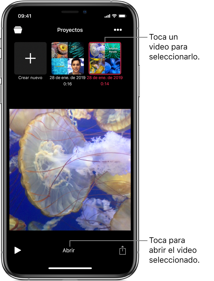 El botón "Crear nuevo" y las miniaturas de los proyectos existentes están sobre una imagen de un video en el visor, con el botón Abrir debajo.