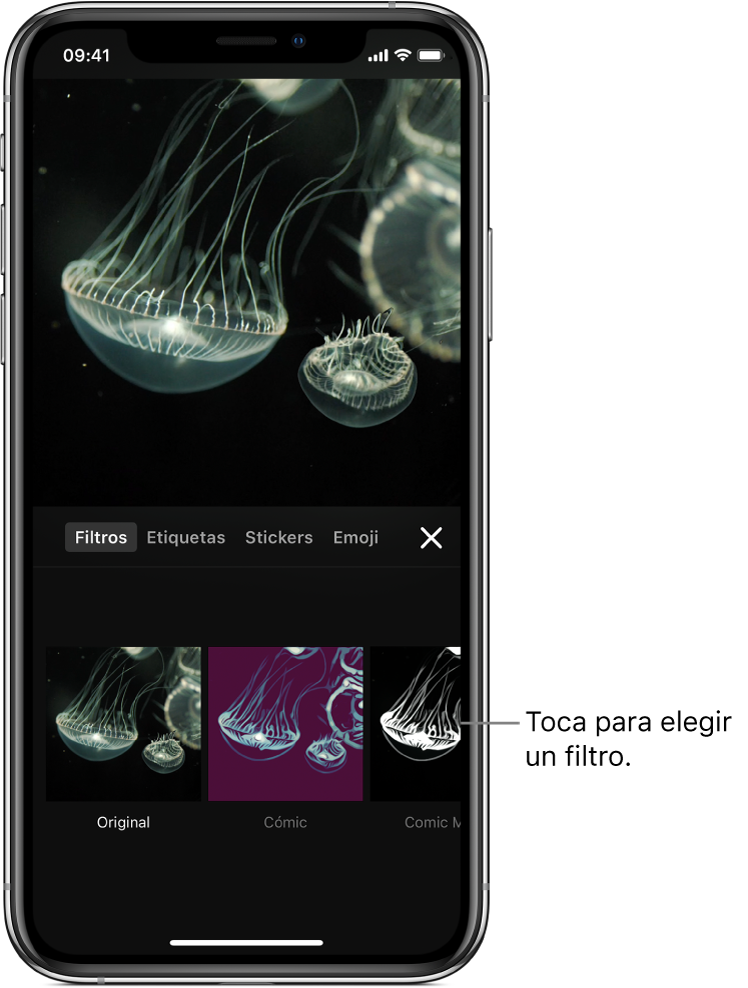 Una imagen de video en el visor, con la opción Filtros seleccionada y el filtro Cómic seleccionado; hay más filtros disponibles en la parte inferior.