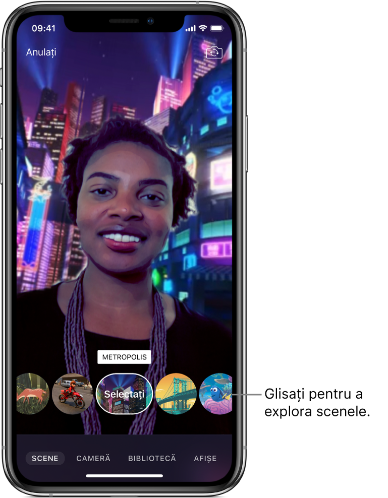 O scenă Selfie apare în vizualizor, cu opțiunile pentru scenă dedesubt.